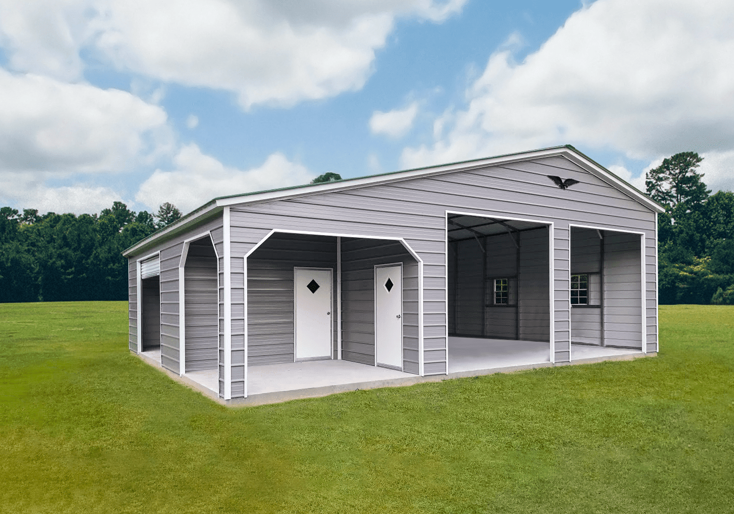 Eagle Metal Building With Rollup Doors, 1 Entry Door, And Windows.