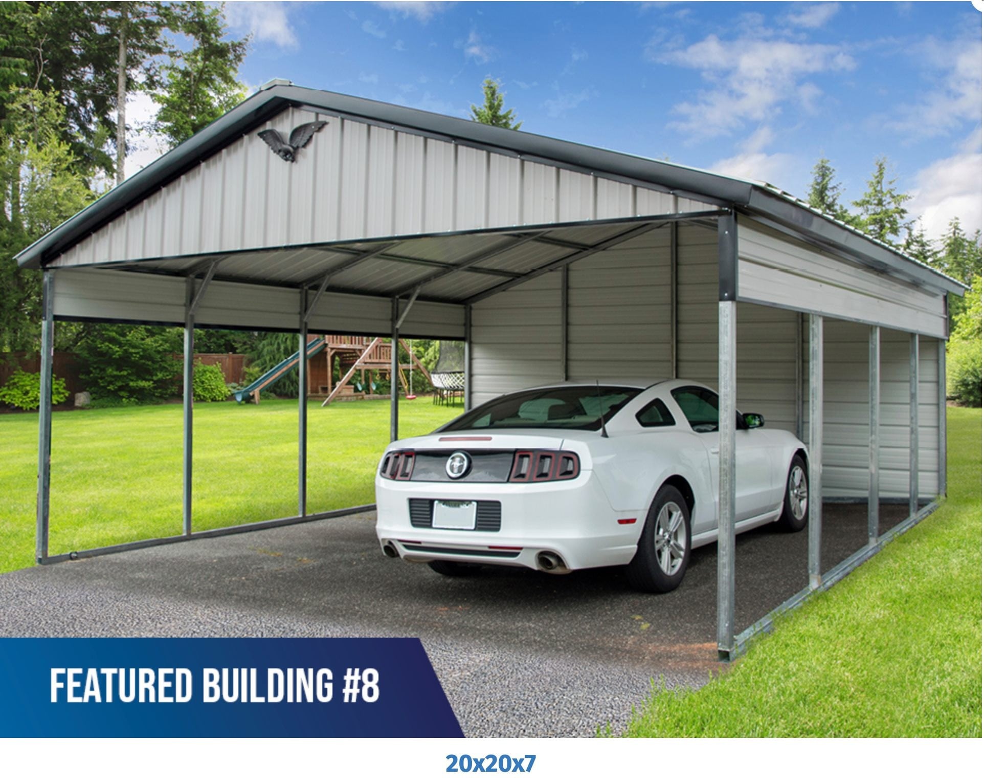 Eagle Carport With Vertical Roof, 2- Split Panels On The Sides With 1- End Wall Enclosed, 1- End Gable.